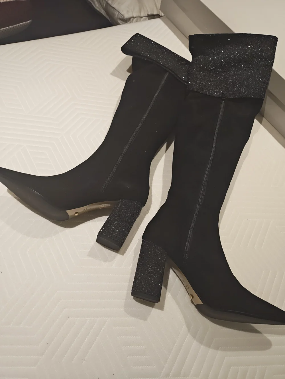 Black Glitter Cuff Over-the-Knee Block Heel Boots 39